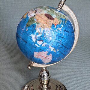 Rotating Gemstone Globe w/Lapis Ocean Semi Precious Stones on Brass Stand 16.2”